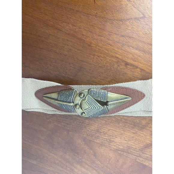 None Accessories - Vintage 80's Cinch Belt Fabric Leather Size L Tan Stretch Arrow Buckel 39" USA